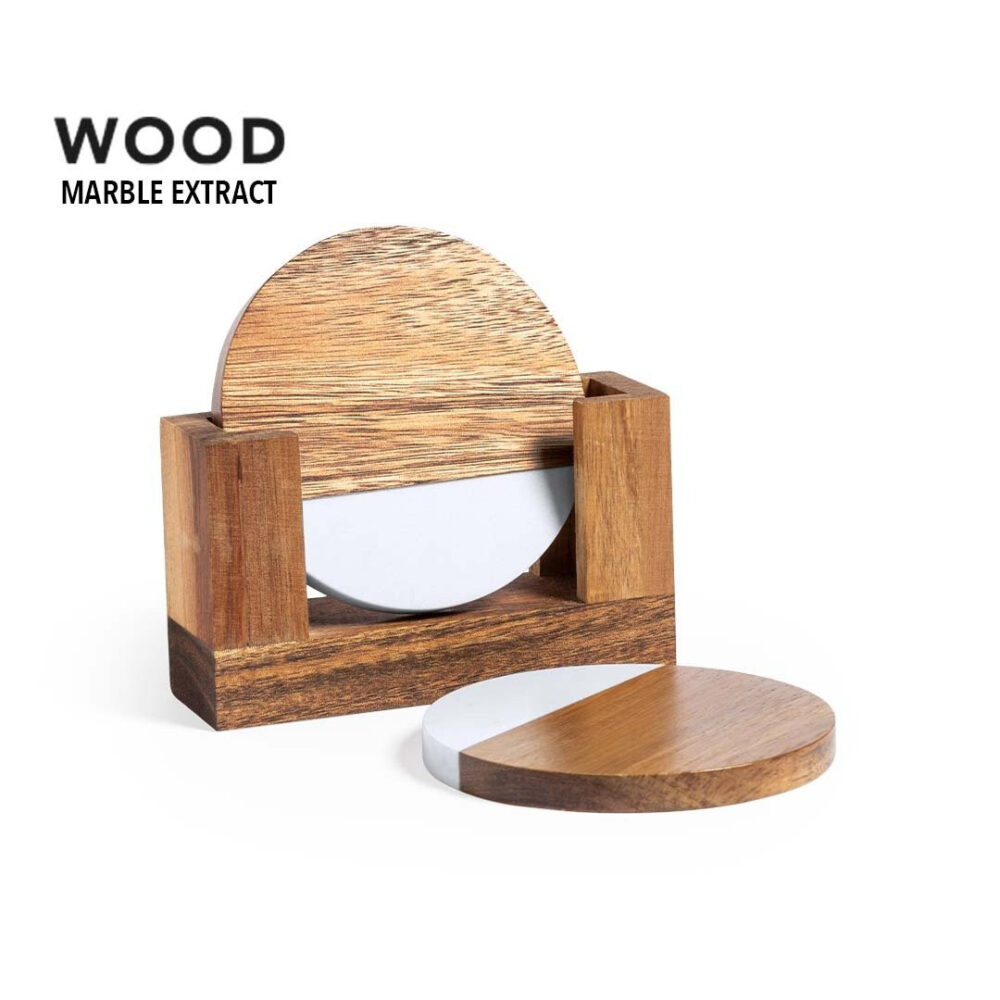 COASTER SET OF 2 ON A STAND MADE OF ACACIA WOOD AND MARBLE EXTRACT ECO FRIENDLY